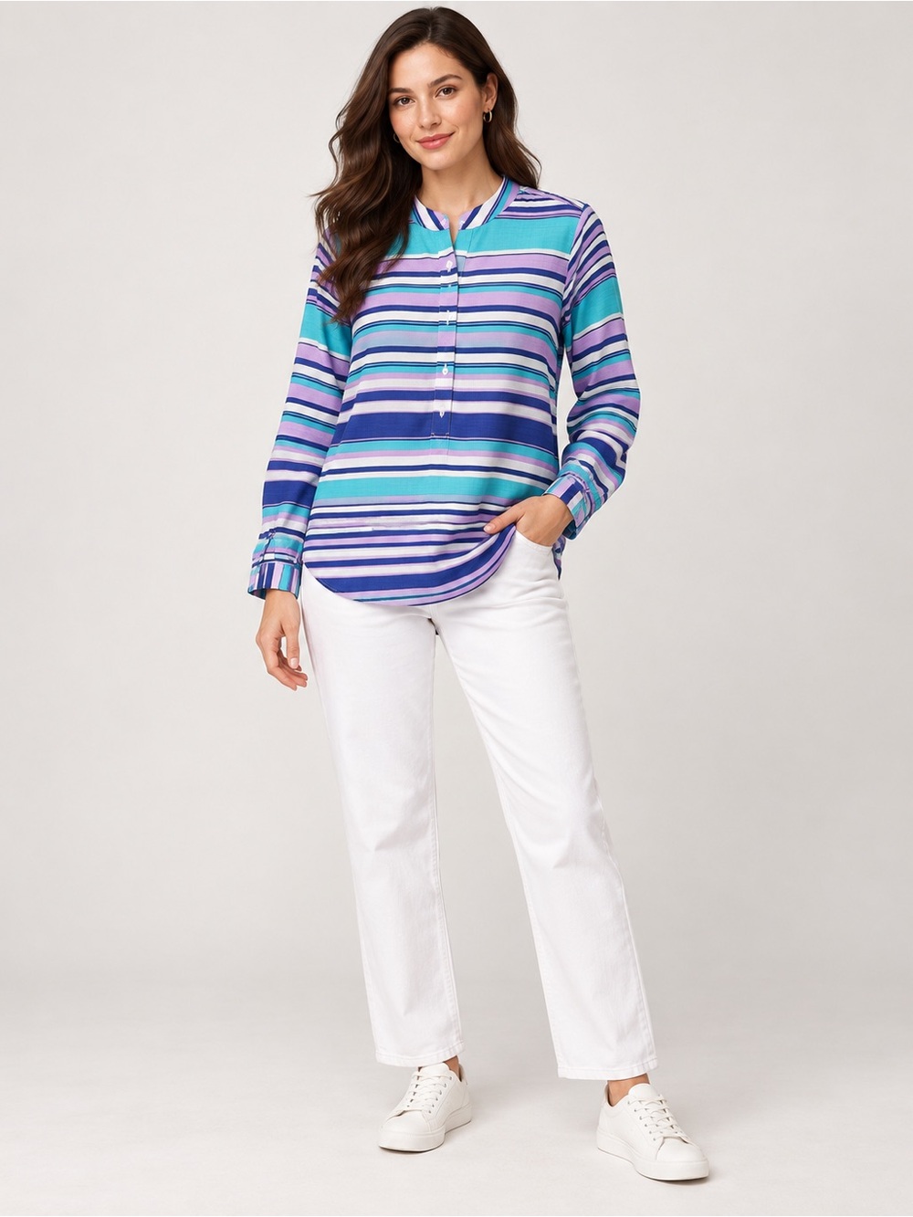 Talbots Striped Henley Blouse in Blue, Teal and Purple
